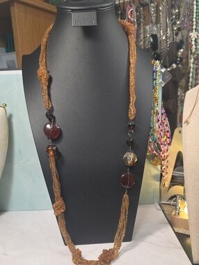 Handmade Brown Bead & Knit Long Necklace